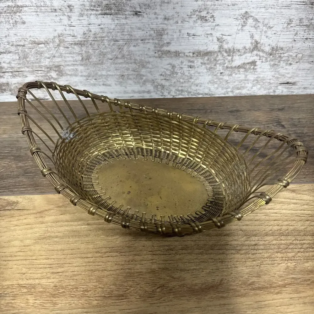 Vintage Woven Brass Bread Basket Gondola Oval Shape Made In India 11